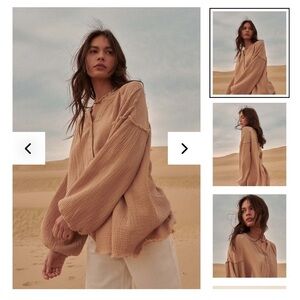 With Love Crinkle Cotton Henley Top Beige Women’s L Lagenlook layering Shirt